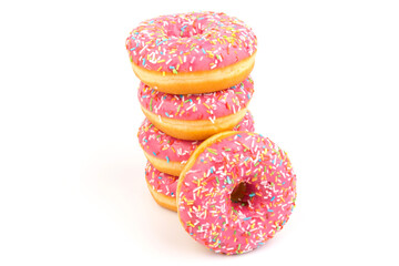 Fresh made Donuts isolated on white background. Doughnuts are traditional sweet pastries. Copy...