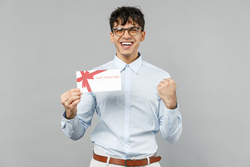 Young employee business latin man corporate lawyer in classic white shirt glasses point index...