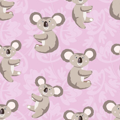 Seamless pattern with cute koala baby and flowers on color background. Funny australian animals. Card, postcards for kids. Flat vector illustration for fabric, textile, wallpaper, poster, paper