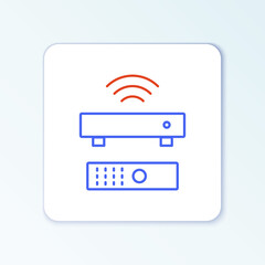 Line Wireless multimedia and TV box receiver and player with remote controller icon isolated on white background. Colorful outline concept. Vector