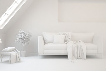 White minimalist living room with sofa. Scandinavian interior design. 3D illustration