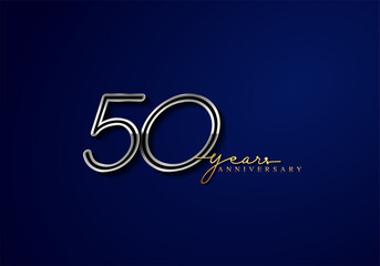 50 Years Anniversary Logo Silver Colored isolated on blue background, vector design for greeting card and invitation card