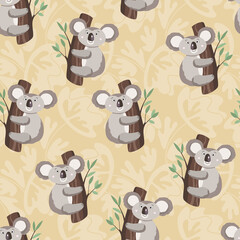 Obraz premium Seamless pattern with cute koala baby and flowers on color background. Funny australian animals. Card, postcards for kids. Flat vector illustration for fabric, textile, wallpaper, poster, paper