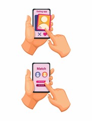 Dating app smartphone gesture symbol set cartoon illustration vector