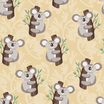 Seamless pattern with cute koala baby and flowers on color background. Funny australian animals. Card, postcards for kids. Flat vector illustration for fabric, textile, wallpaper, poster, paper