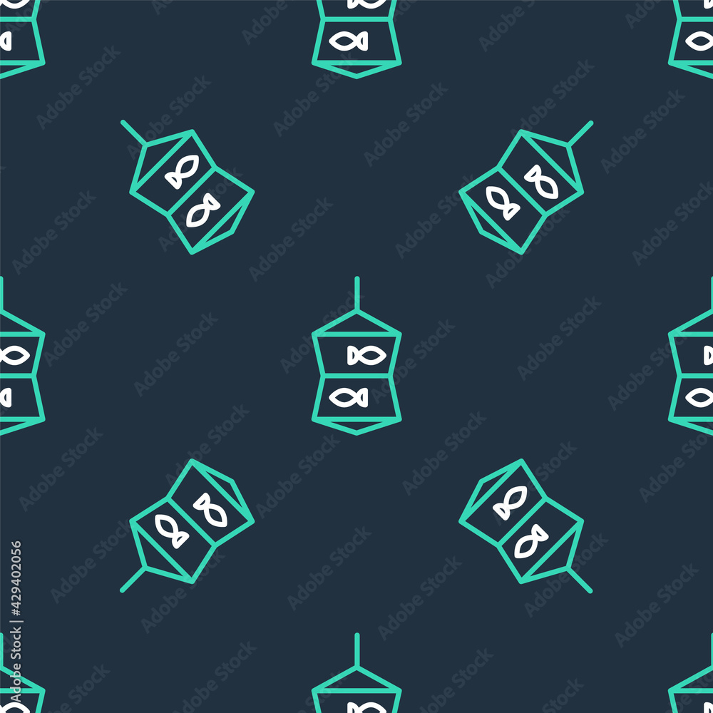 Poster line fishing net with fish icon isolated seamless pattern on black background. vector