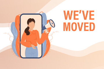 Template with we have moved girl holding megaphone on white background for flyer design. Vector illustration in flat style.