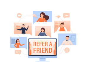 Template with refer a friend man holding megaphone on white background for flyer design. Vector illustration in flat style.
