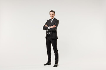 Full length young successful employee business corporate lawyer man in classic formal black grey...