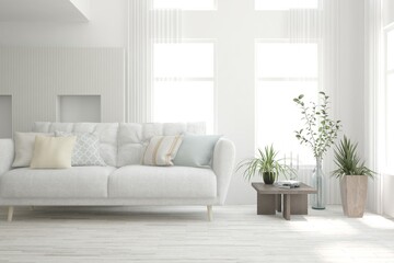 Soft color living room with sofa. Scandinavian interior design. 3D illustration