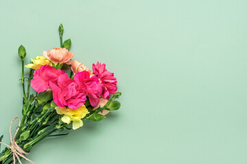 bouquet of pink carnation flower isolated on green background Top view Flat lay Holiday card 8 March, Happy Valentine's day, Mother's, Memorial, Teacher's day concept Copy space - 429403418