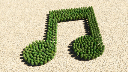 Concept or conceptual group of green forest tree on dry ground background, music sign. 3d illustration metaphor for melody, tempo, multimedia, composition, harmony or classic sound