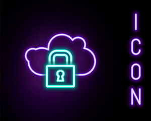Glowing neon line Cloud computing lock icon isolated on black background. Security, safety, protection concept. Protection of personal data. Colorful outline concept. Vector
