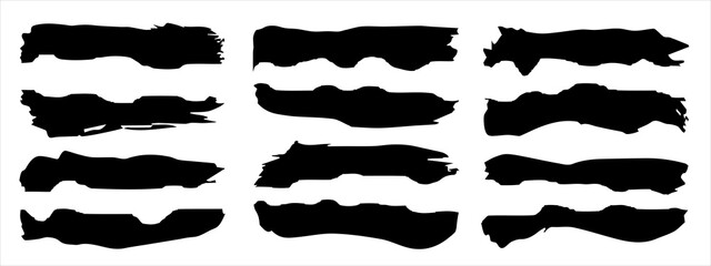 Vector collection of artistic grungy black paint hand made creative brush stroke set isolated on banner background. A group of abstract grunge sketches for design education or graphic art decoration