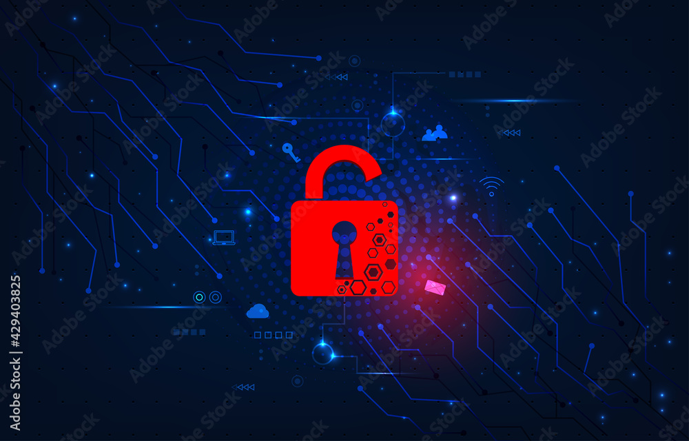 Aufkleber  Information system attack concept.Padlock red open on electric circuits  network dark blue background.Cyber attack  and information.Threat and hacking concept.vector illustration