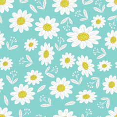 Wild chamomile flowers. Seamless summer pattern with large flowers on a blue background. For printing on fabrics, textiles, pillows, paper, interior design.