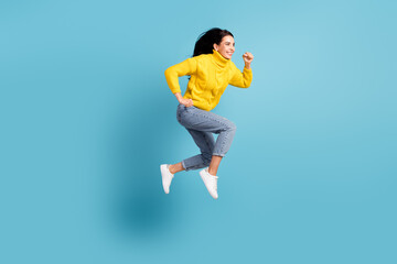 Fototapeta na wymiar Full length body size side photo of brunette jumping running fast on sale wearing stylish outfit isolated on bright blue color background