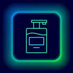 Glowing neon line Bottle of liquid antibacterial soap with dispenser icon isolated on black background. Antiseptic. Disinfection, hygiene, skin care. Colorful outline concept. Vector