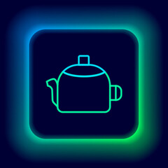 Glowing neon line Kettle with handle icon isolated on black background. Teapot icon. Colorful outline concept. Vector