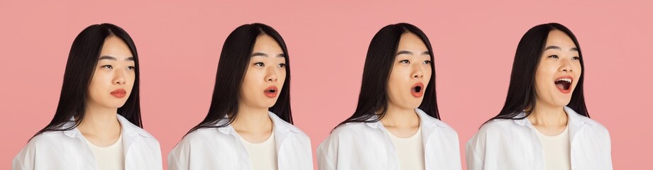 Evolution of emotions. Asian young woman's portrait on pink studio background. Concept of human emotions, facial expression, youth, sales, ad.
