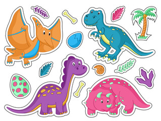 Cute cartoon set of dinosaur stickers. Vector illustration. Sticker pack.