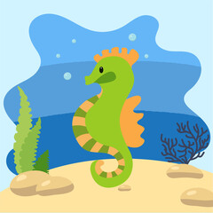 
Cute seahorse on the background of the seascape. Isolated vector illustration in the seabed. Design concept with marine mammal. Cartoon style