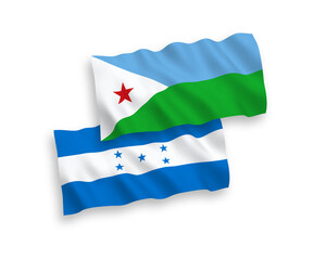 National vector fabric wave flags of Republic of Djibouti and Honduras isolated on white background. 1 to 2 proportion.