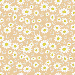 Wild chamomile flowers. Seamless summer pattern with large flowers on a beige background. For printing on fabrics, textiles, pillows, paper, interior design. 