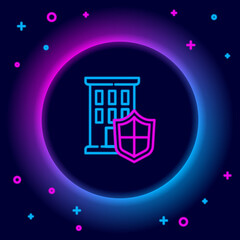 Glowing neon line House with shield icon isolated on black background. Insurance concept. Security, safety, protection, protect concept. Colorful outline concept. Vector