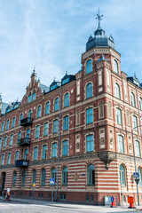 Facade of an old classic building in Lund, Scania, Sweden