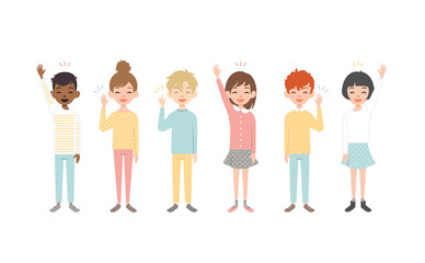 Group of multicultural children flat vector illustration. Young girls and boys isolated characters on white background -  smiling / waving hands / happy