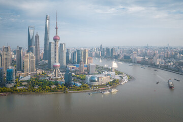 Obraz premium Aerial view of Lujiazui, the financial district in Shanghai, China.