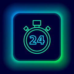 Fototapeta premium Glowing neon line Stopwatch 24 hours icon isolated on black background. All day cyclic icon. 24 hours service symbol. Colorful outline concept. Vector