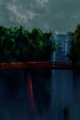 Red bridge, Japan, waterfall