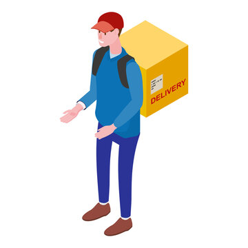 Courier with box, front view. Delivery Service Isometric concept. Fast 24 7 shipping, online food order template banner. Vector illustration 3d isolated