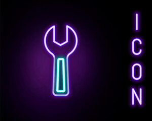 Glowing neon line Wrench spanner icon isolated on black background. Colorful outline concept. Vector