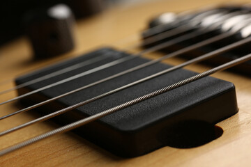 Fototapeta premium Guitar strings on fretboard closeup. Guitar training courses