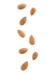 Tasty almonds falling isolated on a white background 