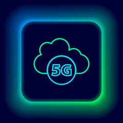 Glowing neon line Cloud 5G new wireless internet wifi connection icon isolated on black background. Global network high speed connection data rate technology. Colorful outline concept. Vector