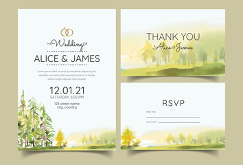 Fototapeta na wymiar wedding invitation cards with pine forest landscape watercolor
