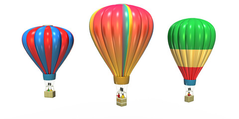 3d Heißluftballons in bunten Farben und Passsagieren, isoliert