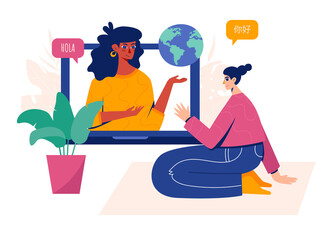 Online language courses concept. Girl studying a foreign language with a teacher using a laptop and internet connection. Vector illustration.