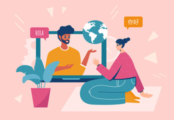 Online language courses concept. Girl studying a foreign language with a teacher using a laptop and internet connection. Vector illustration.