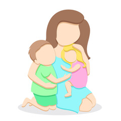 Loving tender mother with two cute happy children, teenage boy and little girl, hugging each other, pastel palette, isolated on white background, trendy flat style, vector illustration