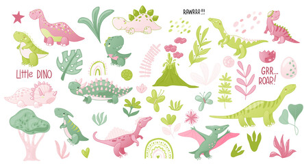 Cute cartoon dinosaur set. Funny dino characters for kids design. Vector illustration isolated on white background. © Tatiana Sidenko