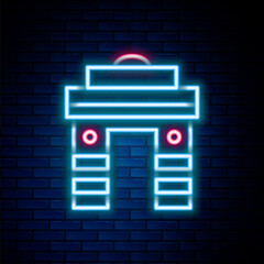 Obraz premium Glowing neon line India Gate in New Delhi, India icon isolated on brick wall background. Gate way of India Mumbai. Colorful outline concept. Vector