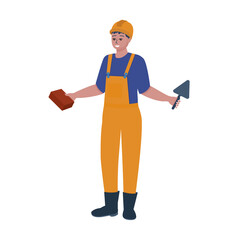 Builder with brick in one hand and trowel in other hand