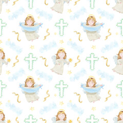 Seamless pattern cute angels watercolor. Pipe, clouds, cross, ribbons, stars, heaven, halo, Catholic print, Christmas, Christening, Baptism. Religious background. Epiphany. Fabric and digital paper
