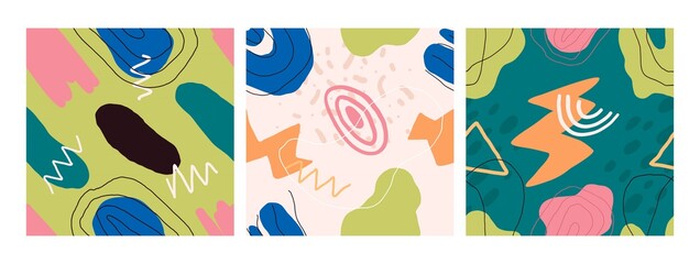 Set of cute abstract modern seamless patterns. Hand drawn colorful shapes and doodle elements. Trendy vector design for wrapping paper, textile print, wallpaper.