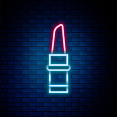 Glowing neon line Lipstick icon isolated on brick wall background. Colorful outline concept. Vector